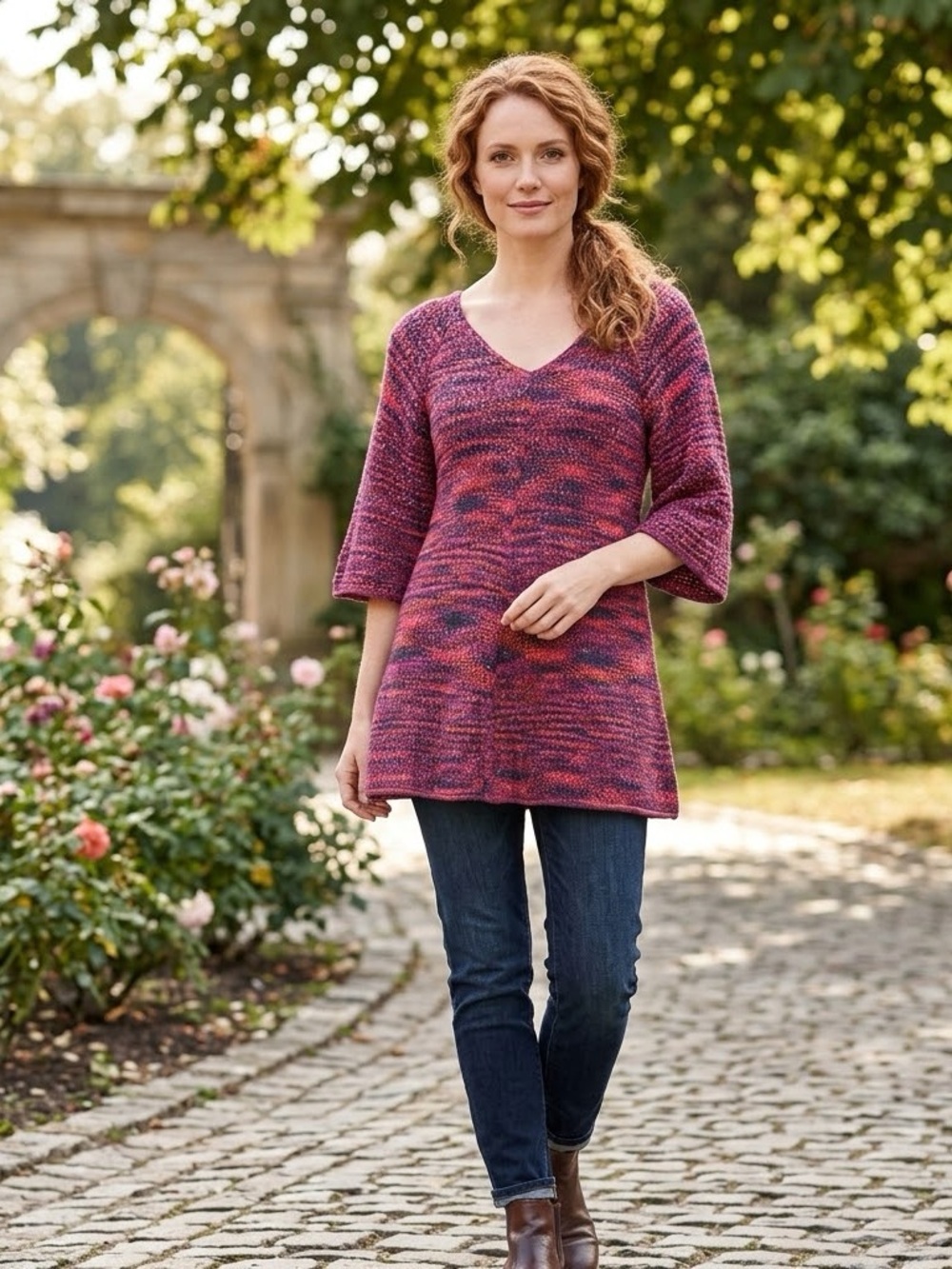 United States Sweaters V-Neck Space Dye Knit Tunic Top Flared 3/4 Sleeve